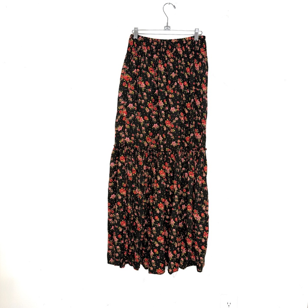 Free People Black Floral Maxi Skirt XS | Boho Tiered Elastic Waist - Picture 4 of 7